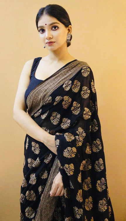 Yamika - Black Soft Silk Saree with Antique Gold Floral Weave