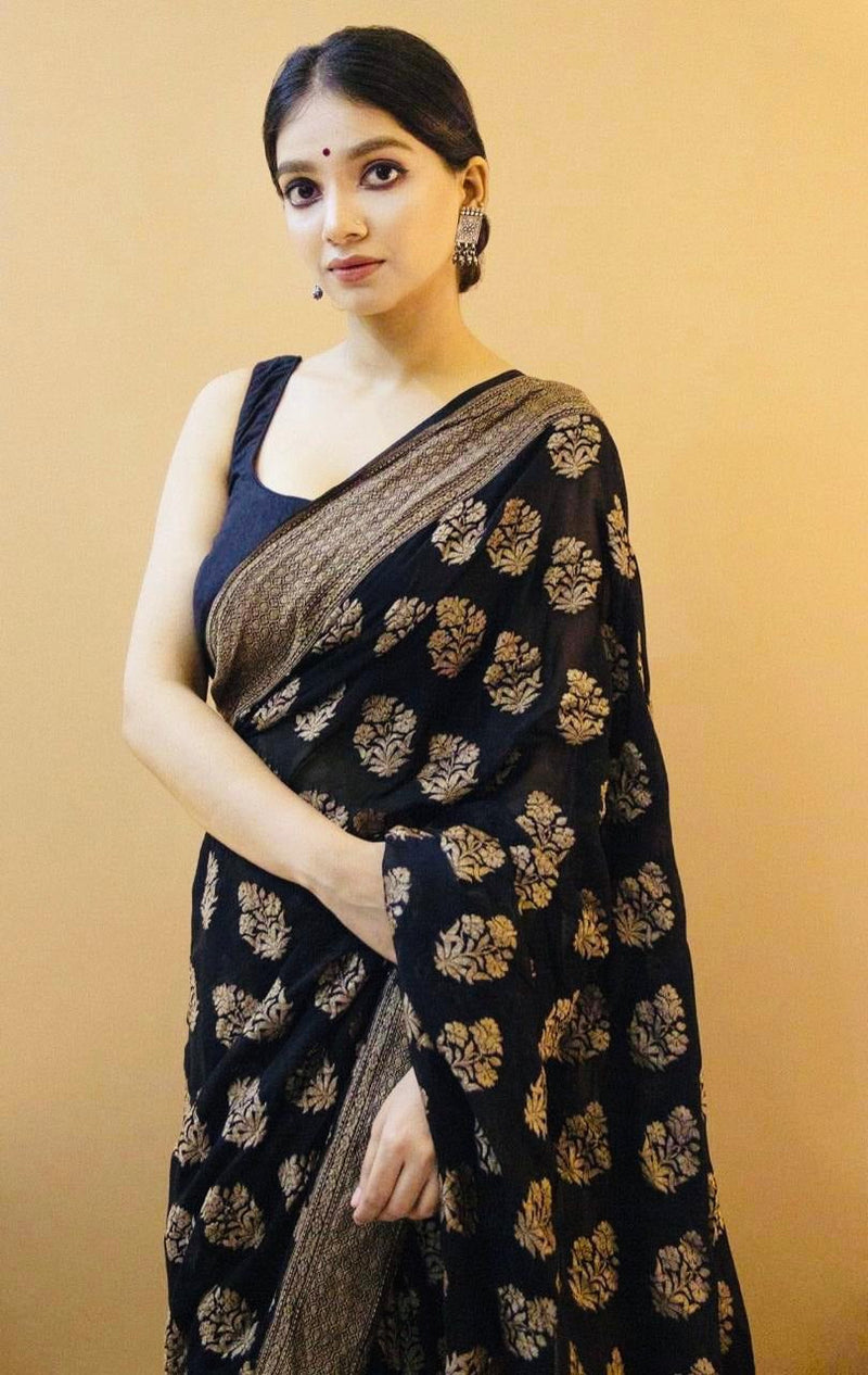 Yamika - Black Soft Silk Saree with Antique Gold Floral Weave