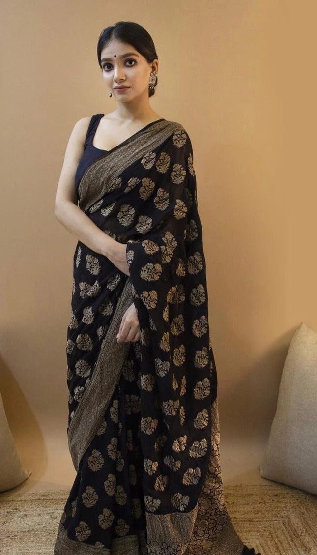 Yamika - Black Soft Silk Saree with Antique Gold Floral Weave