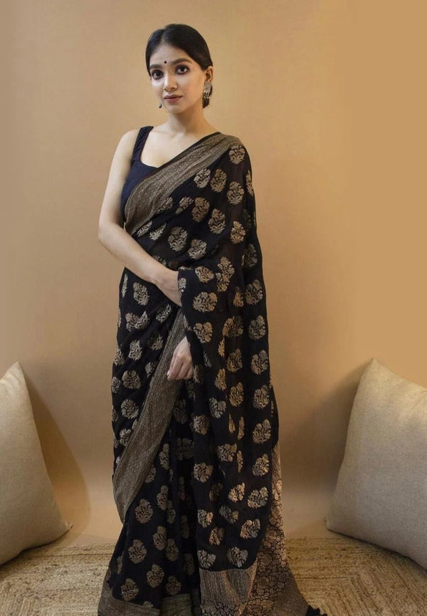Yamika - Black Soft Silk Saree with Antique Gold Floral Weave