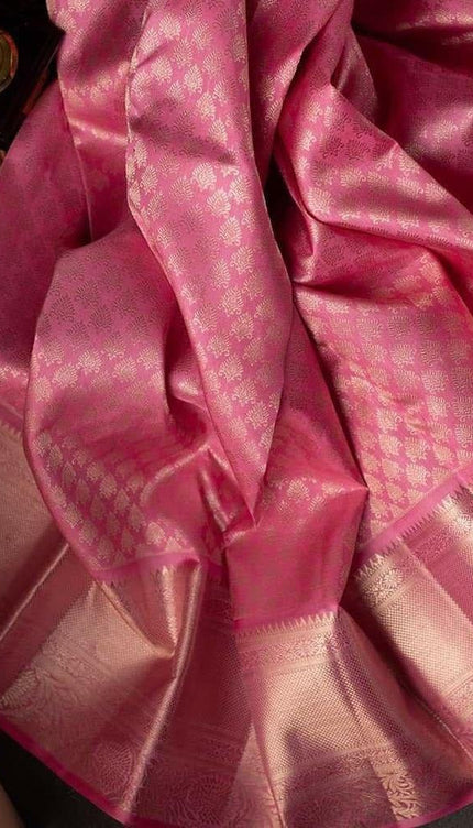 Samika - Pink Soft Silk Saree with Floral Jacquard Zari Border and Blouse Piece