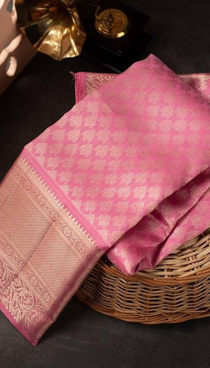 Samika - Pink Soft Silk Saree with Floral Jacquard Zari Border and Blouse Piece