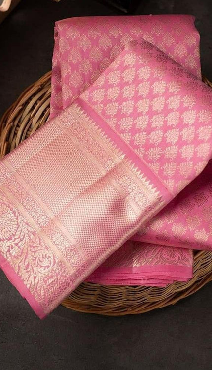 Samika - Pink Soft Silk Saree with Floral Jacquard Zari Border and Blouse Piece