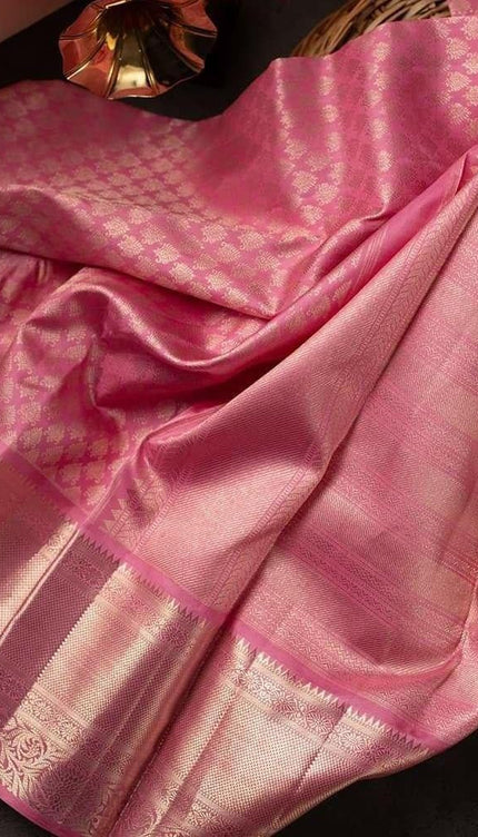Samika - Pink Soft Silk Saree with Floral Jacquard Zari Border and Blouse Piece