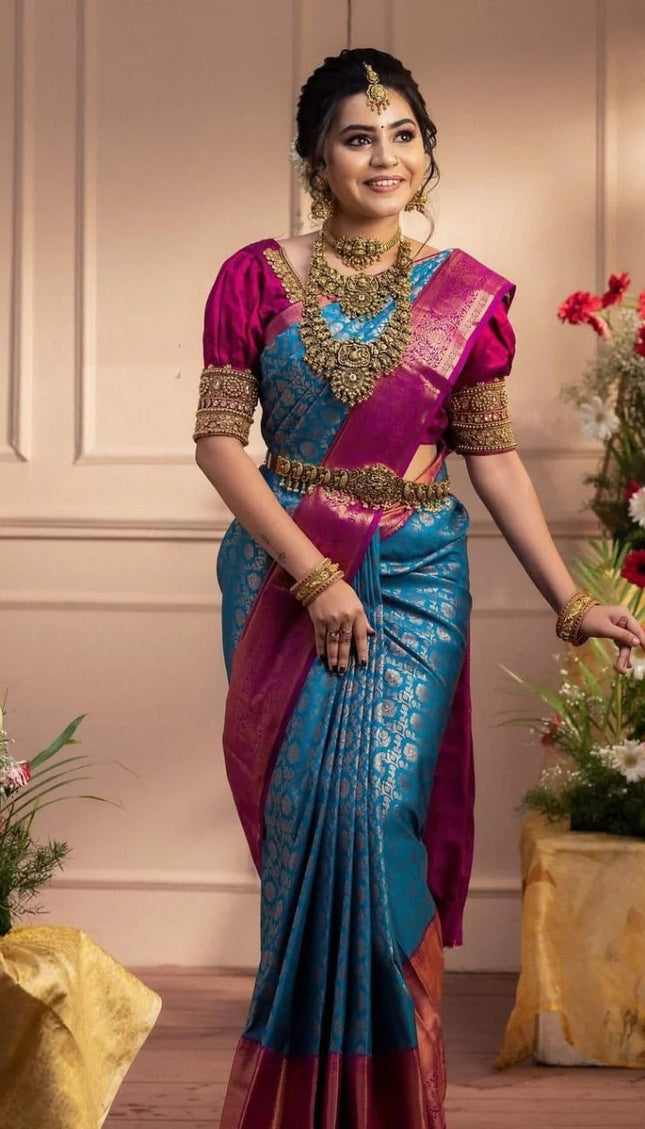 Gomati - Firozi Soft Banarasi Silk Saree with Jacquard Weaving Border