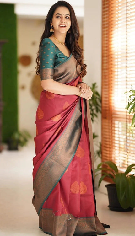 Kavya - Maroon Soft Banarasi Silk Saree with Copper Jacquard Buttas