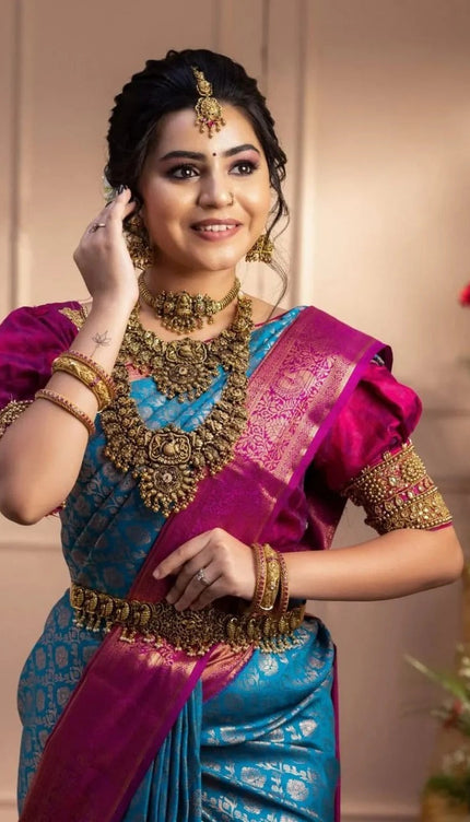 Gomati - Firozi Soft Banarasi Silk Saree with Jacquard Weaving Border