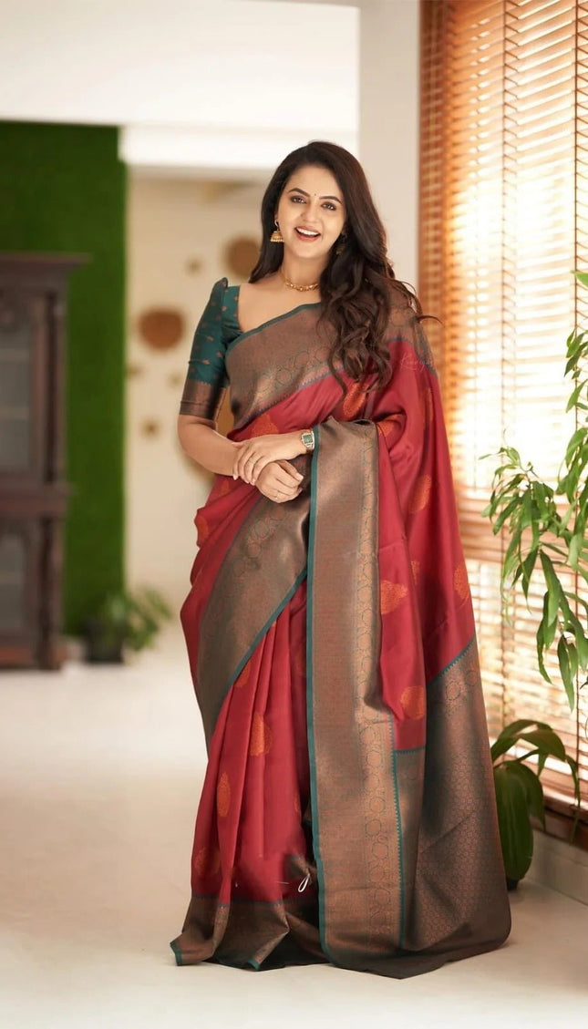 Kavya - Maroon Soft Banarasi Silk Saree with Copper Jacquard Buttas