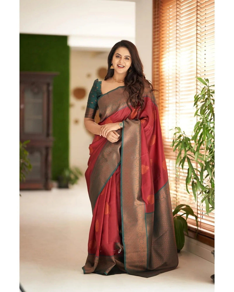 Kavya - Maroon Soft Banarasi Silk Saree with Copper Jacquard Buttas
