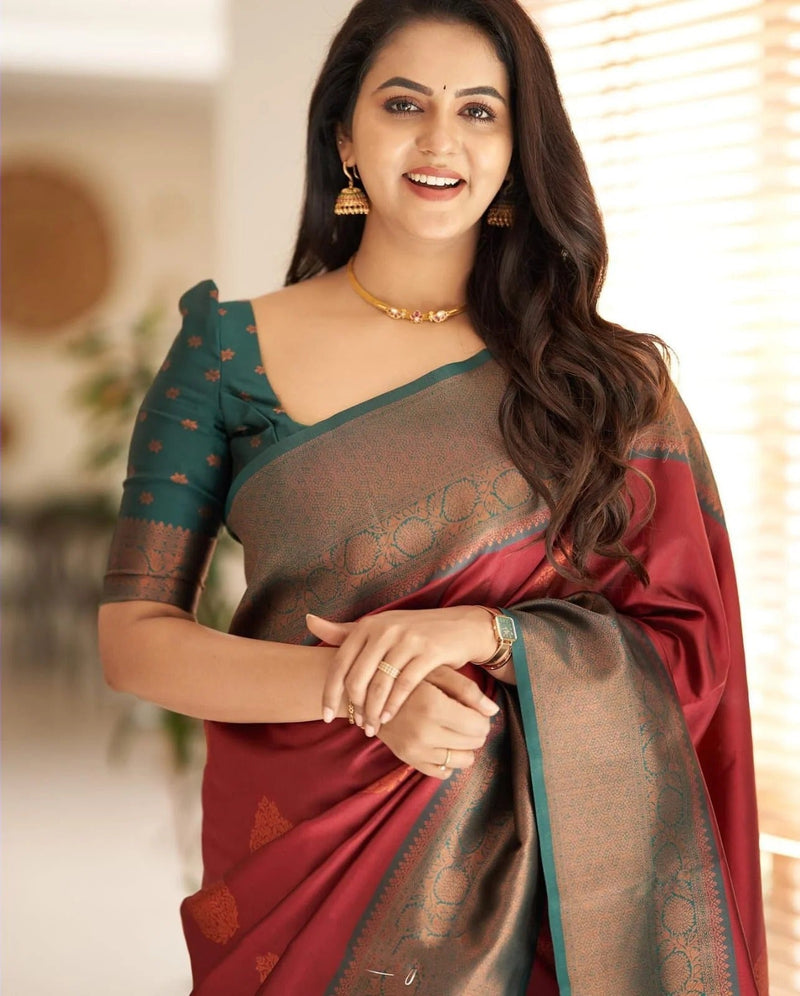 Kavya - Maroon Soft Banarasi Silk Saree with Copper Jacquard Buttas