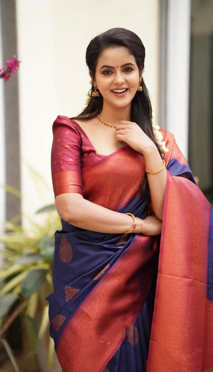 Kavya - NavyBlue Soft Banarasi Silk Saree with Copper Jacquard Buttas