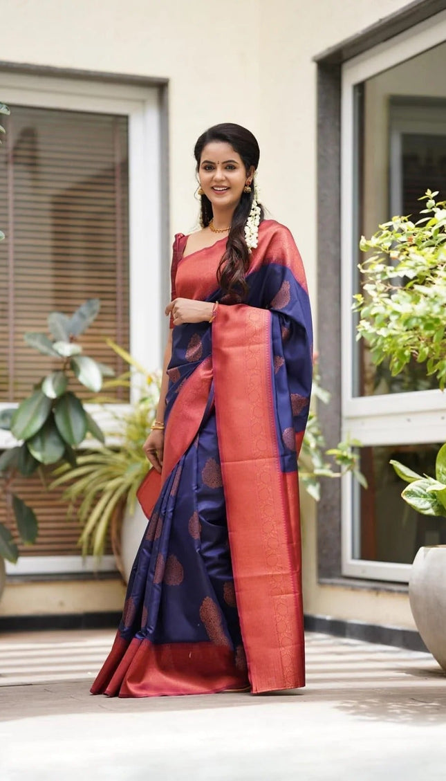 Kavya - NavyBlue Soft Banarasi Silk Saree with Copper Jacquard Buttas