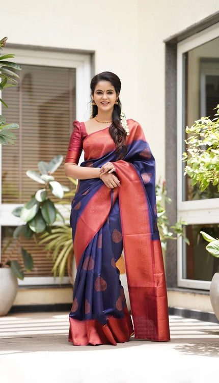 Kavya - NavyBlue Soft Banarasi Silk Saree with Copper Jacquard Buttas