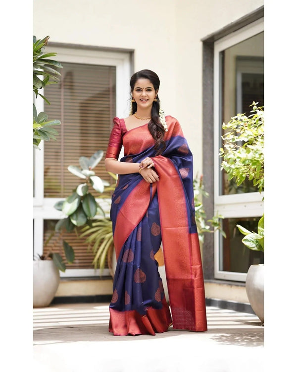 Kavya - NavyBlue Soft Banarasi Silk Saree with Copper Jacquard Buttas