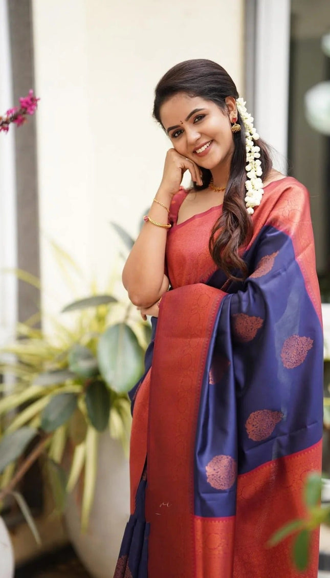 Kavya - NavyBlue Soft Banarasi Silk Saree with Copper Jacquard Buttas