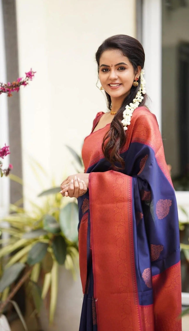 Kavya - NavyBlue Soft Banarasi Silk Saree with Copper Jacquard Buttas