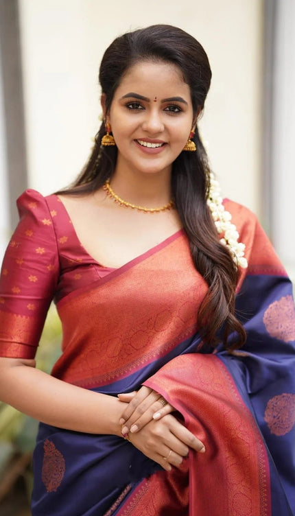 Kavya - NavyBlue Soft Banarasi Silk Saree with Copper Jacquard Buttas