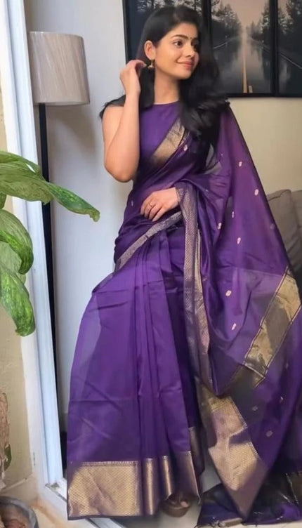 Bhavna - Purple Pure Linen Silk Saree with Jacquard Weaving
