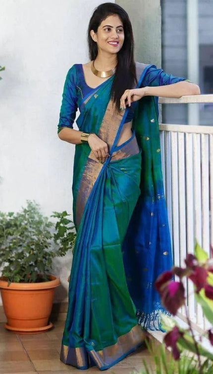 Manya - Rama Soft Silk Saree with Jacquard Weaving and Matching Blouse