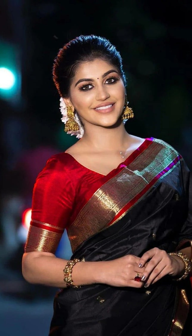 Maithili - Black Soft Silk Saree with Red Blouse and Golden Zari Border