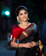 Maithili - Black Soft Silk Saree with Red Blouse and Golden Zari Border