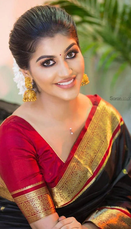 Maithili - Black Soft Silk Saree with Red Blouse and Golden Zari Border