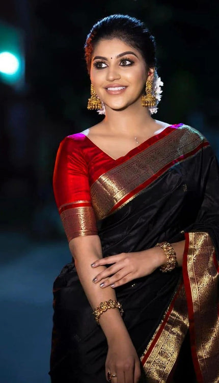 Maithili - Black Soft Silk Saree with Red Blouse and Golden Zari Border