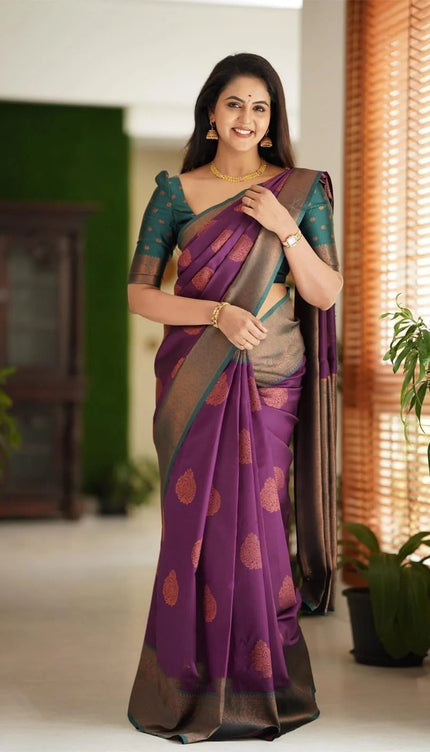 Kavya - Purple Soft Banarasi Silk Saree with Copper Jacquard Buttas