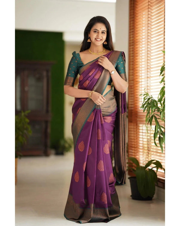 Kavya - Purple Soft Banarasi Silk Saree with Copper Jacquard Buttas