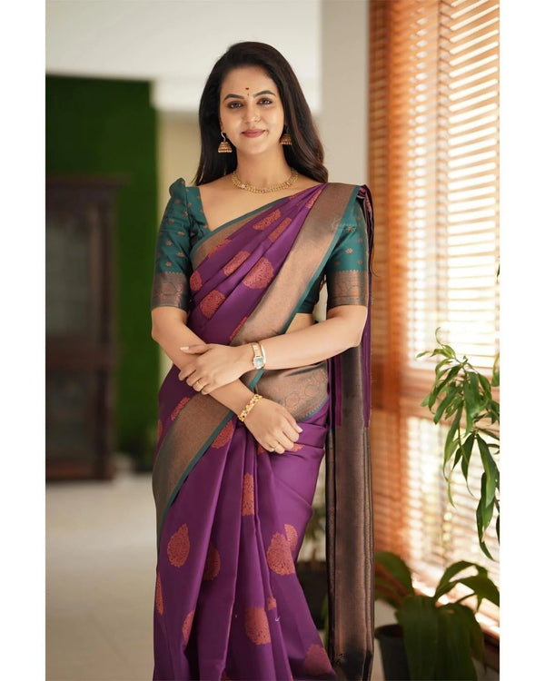 Kavya - Purple Soft Banarasi Silk Saree with Copper Jacquard Buttas