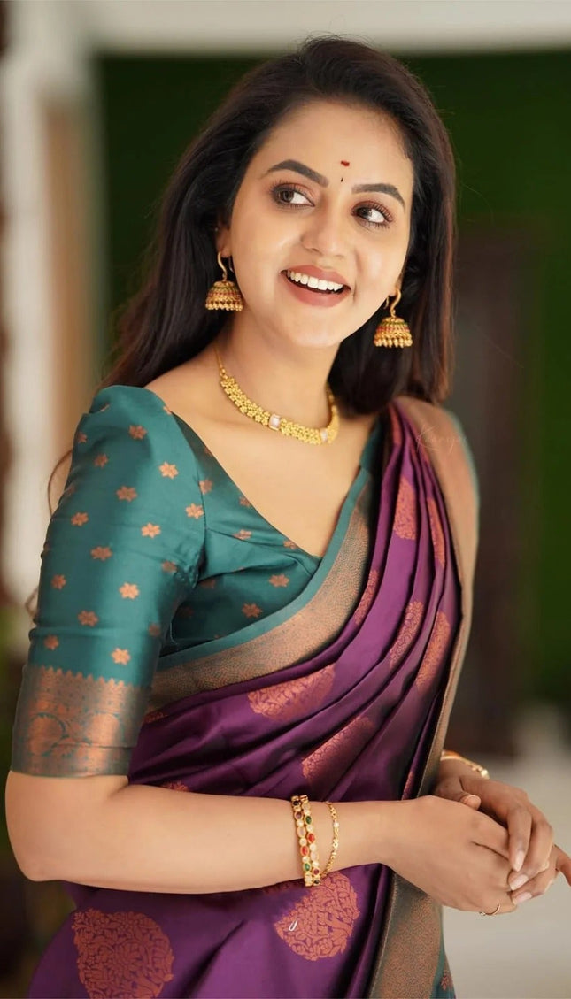 Kavya - Purple Soft Banarasi Silk Saree with Copper Jacquard Buttas