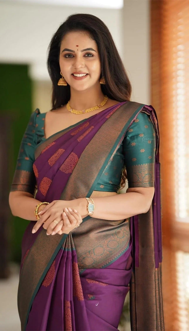Kavya - Purple Soft Banarasi Silk Saree with Copper Jacquard Buttas