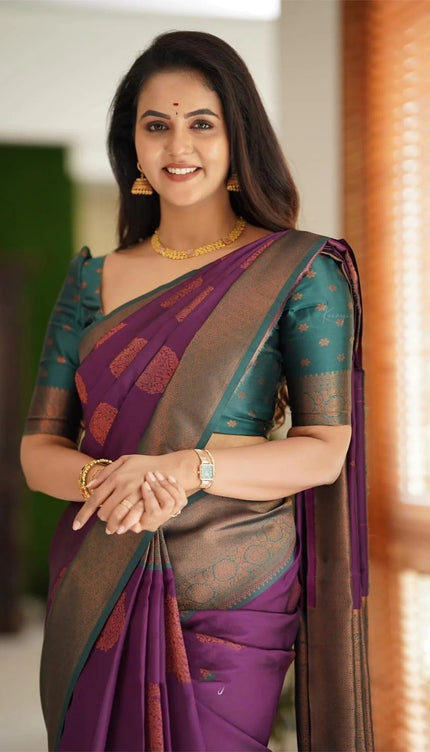 Kavya - Purple Soft Banarasi Silk Saree with Copper Jacquard Buttas