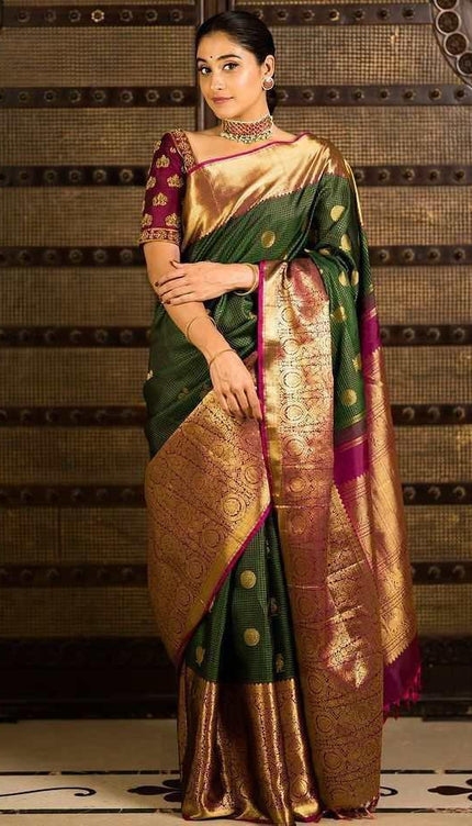 Mehar - Green Soft Banarasi Silk Saree with Golden Jacquard Detailing