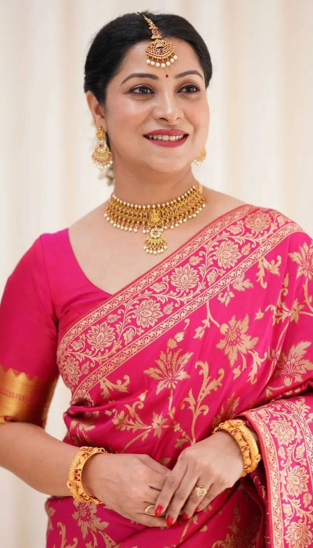 Rukmini – Dark Pink Soft Banarasi Silk Saree with Jacquard Weaving