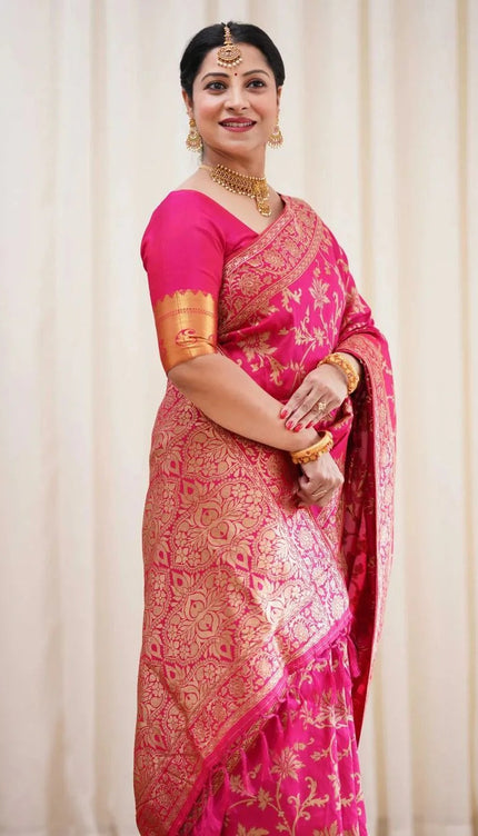 Rukmini – Dark Pink Soft Banarasi Silk Saree with Jacquard Weaving