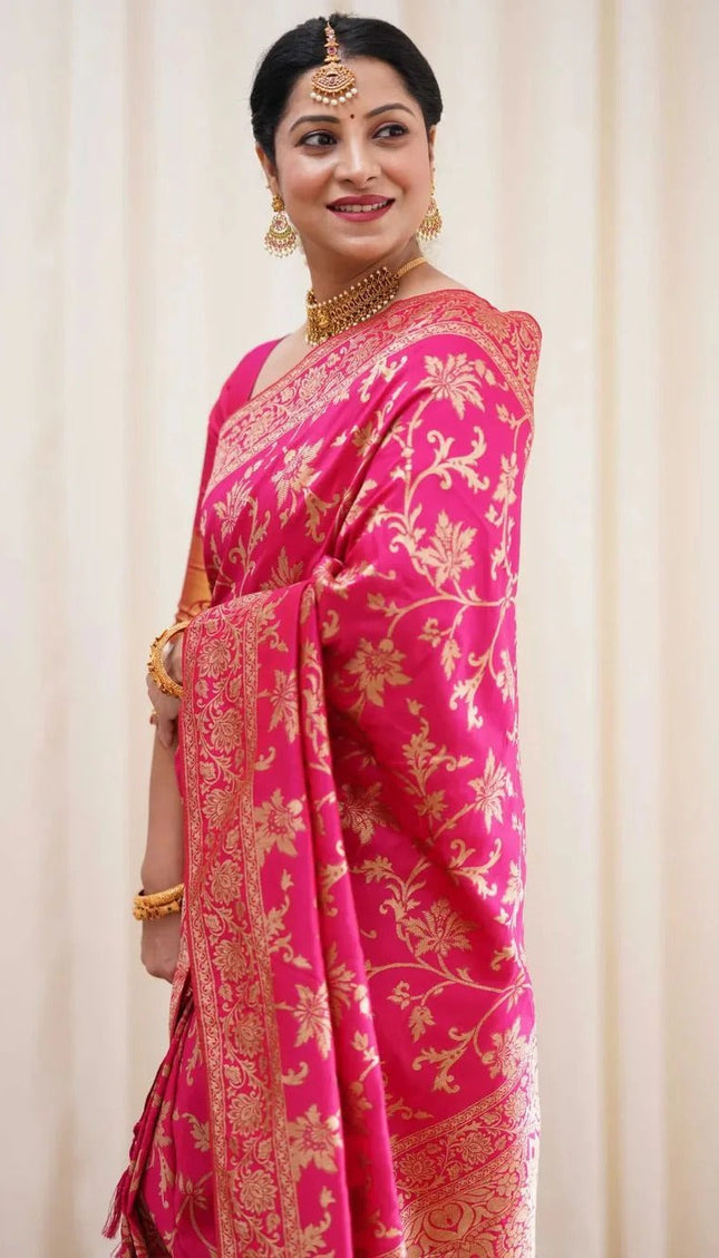 Rukmini – Dark Pink Soft Banarasi Silk Saree with Jacquard Weaving