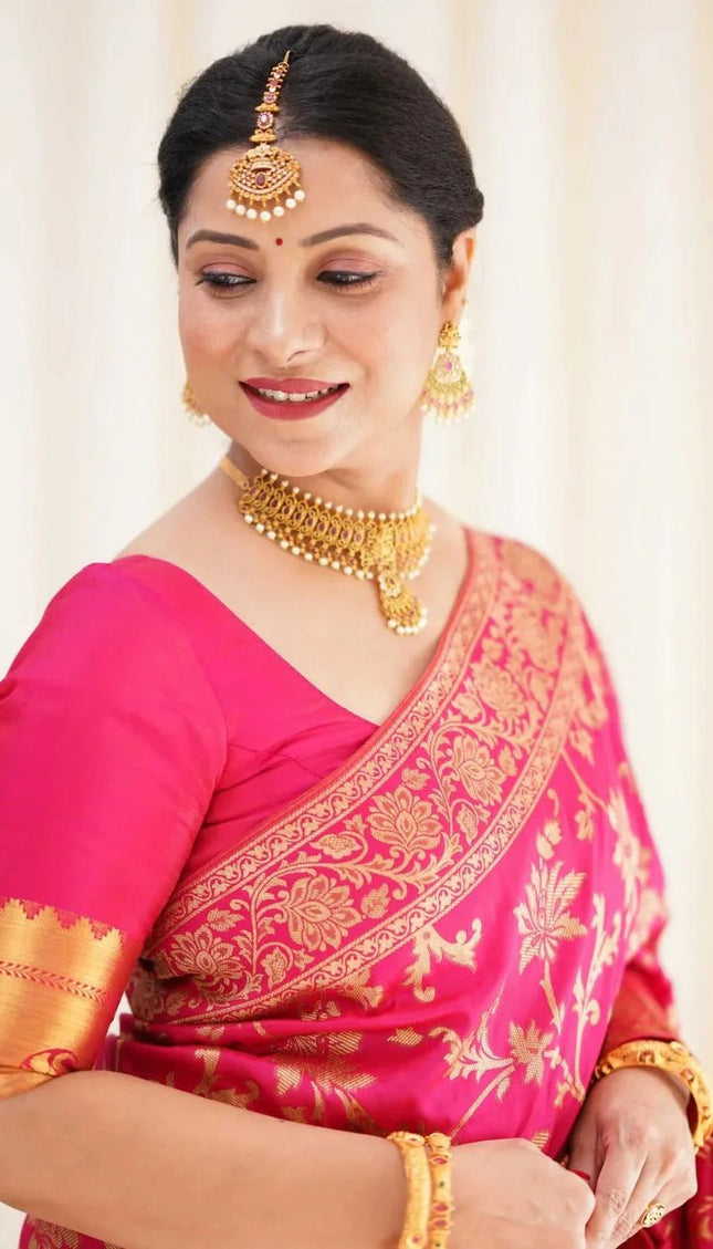 Rukmini – Dark Pink Soft Banarasi Silk Saree with Jacquard Weaving
