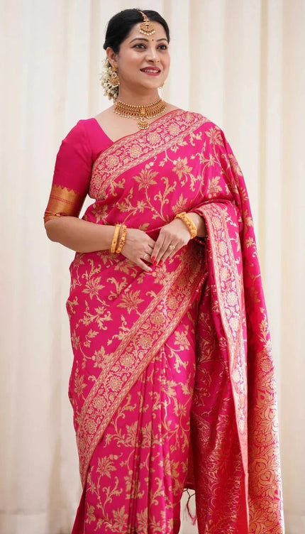 Rukmini – Dark Pink Soft Banarasi Silk Saree with Jacquard Weaving