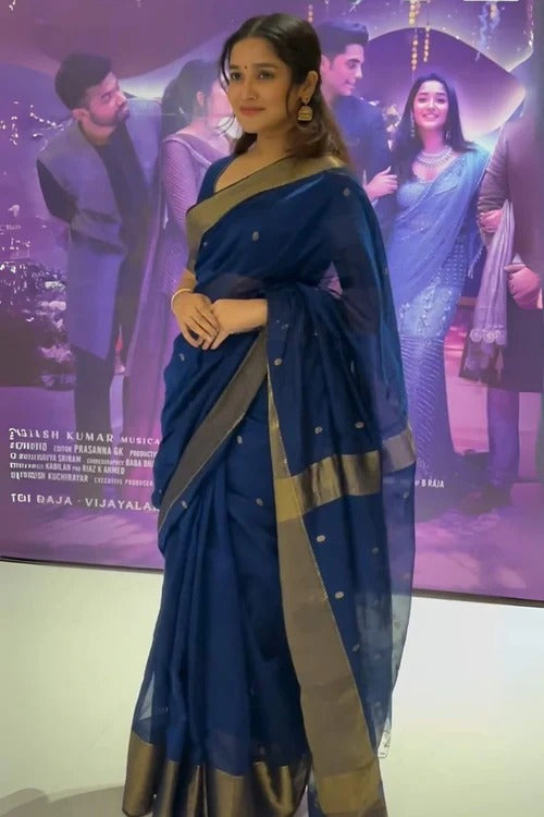 Bhavna - NavyBlue Pure Linen Silk Saree with Jacquard Weaving