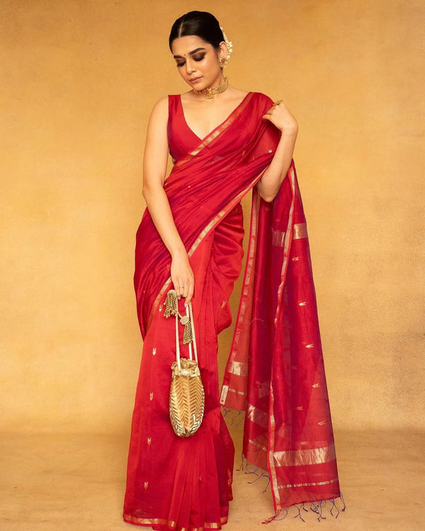 Mithali – Red Pure Linen Silk Saree with jacquard weaving work