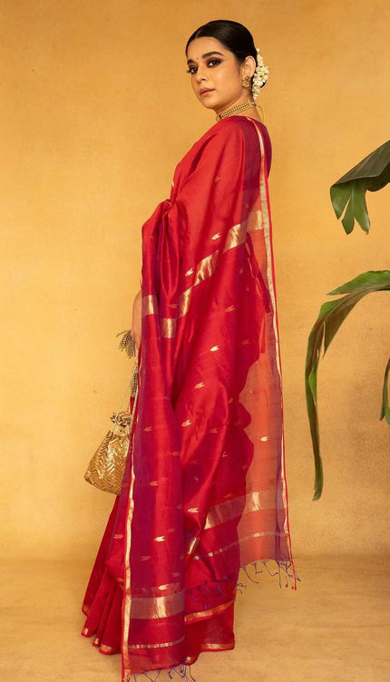 Mithali – Red Pure Linen Silk Saree with jacquard weaving work