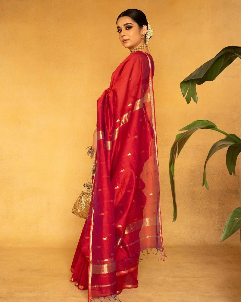 Mithali – Red Pure Linen Silk Saree with jacquard weaving work