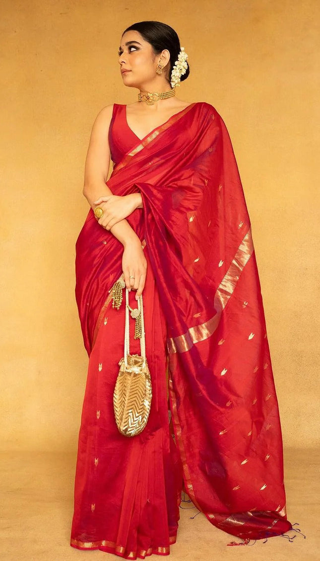 Mithali – Red Pure Linen Silk Saree with jacquard weaving work