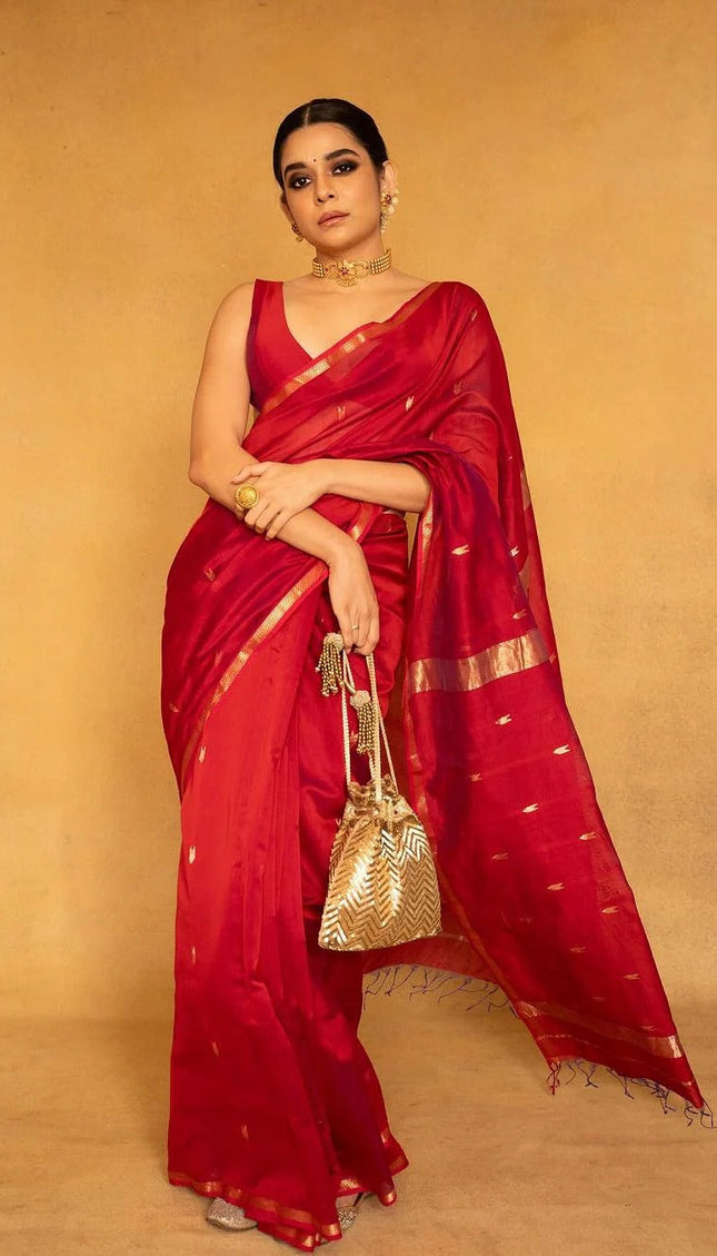 Mithali – Red Pure Linen Silk Saree with jacquard weaving work