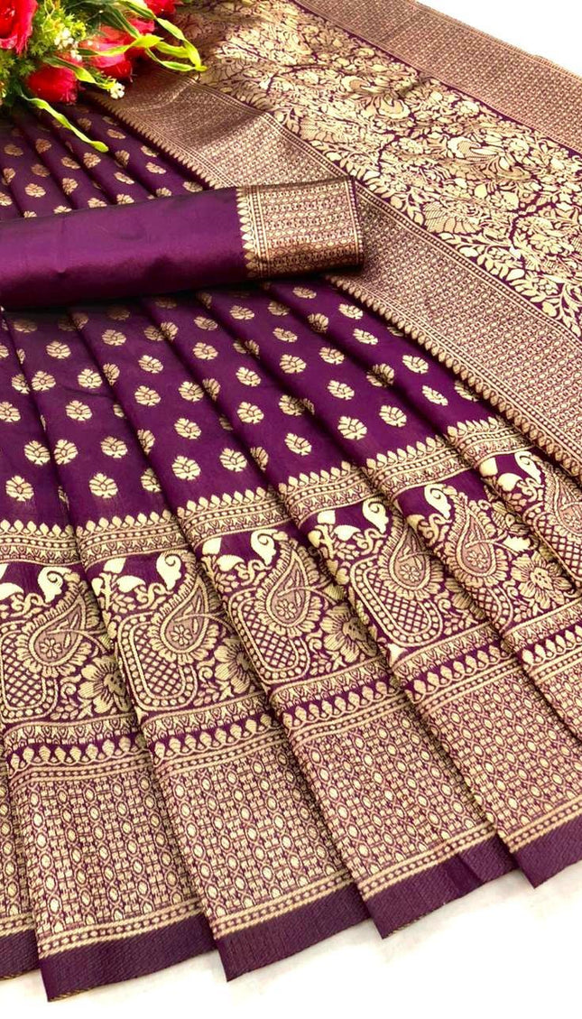 Tanirika - Purple Soft Silk Saree with Golden Paisley Zari Border