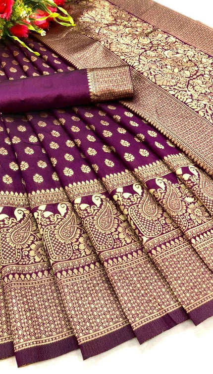 Tanirika - Purple Soft Silk Saree with Golden Paisley Zari Border