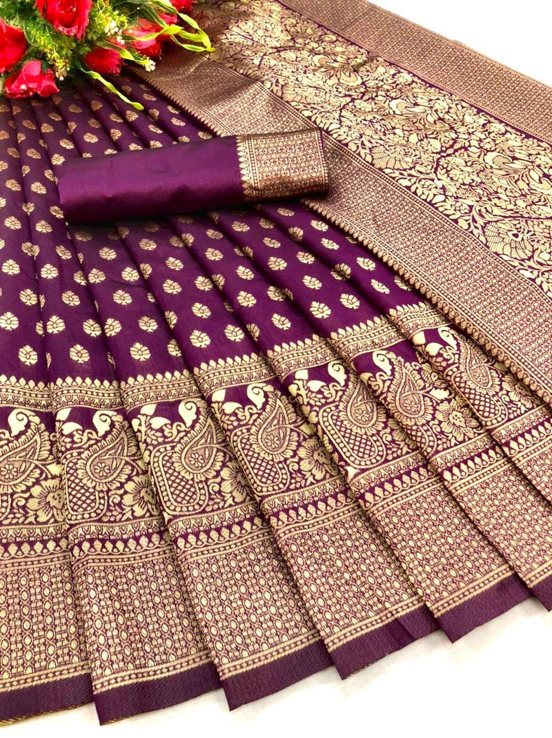 Tanirika - Purple Soft Silk Saree with Golden Paisley Zari Border