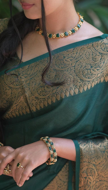 Nayira - Dark Green Soft Silk Saree with Silver Zari Border and Matching Blouse