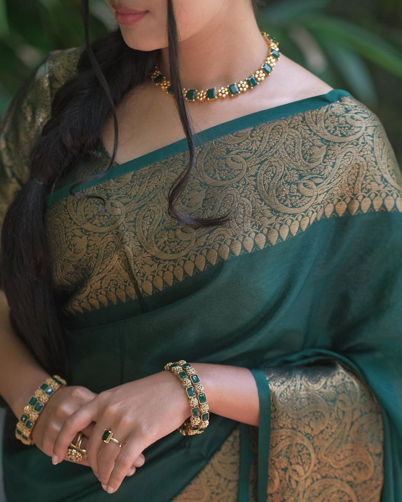 Nayira - Dark Green Soft Silk Saree with Silver Zari Border and Matching Blouse